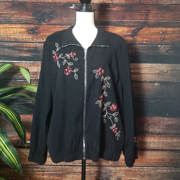 Napa Valley Jacket XL Black Floral Embroidered Beaded Full Zip - Picture 6 of 10